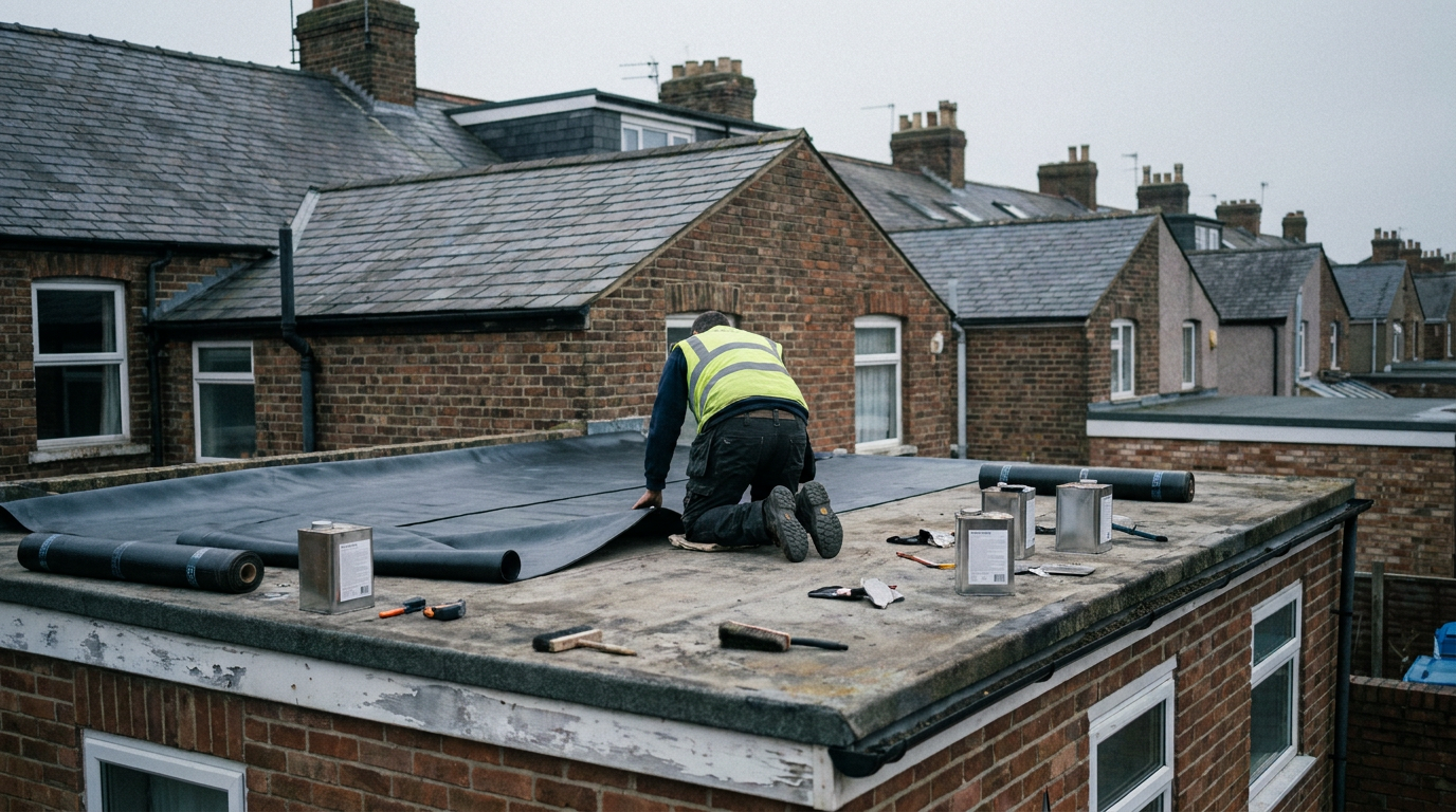 EPDM flat roofing membrane being laid on a residential house extension — RubberCover