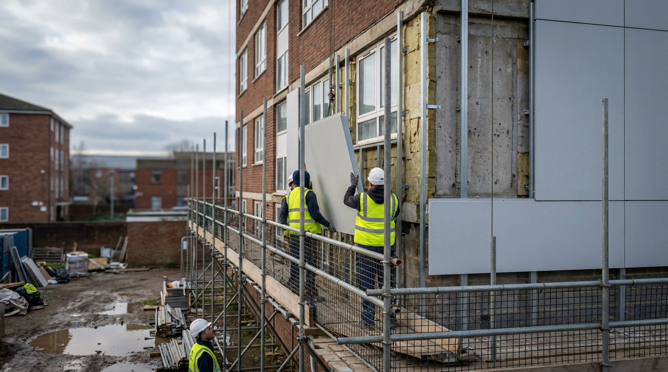 Cladding removal work on scaffolding beside an exposed residential block external wall — Building safety