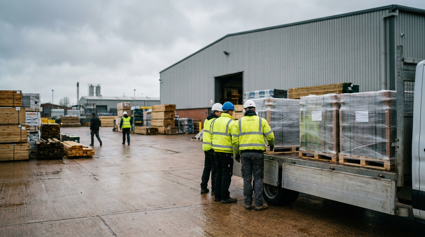 Construction products being loaded for delivery at a UK building materials warehouse — SIG