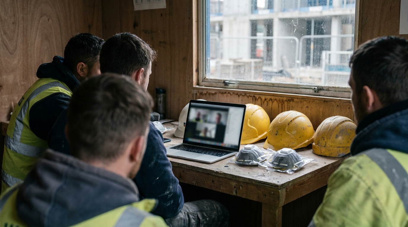 Construction workers attending an online workplace health conference inside a UK site cabin — British Safety Council