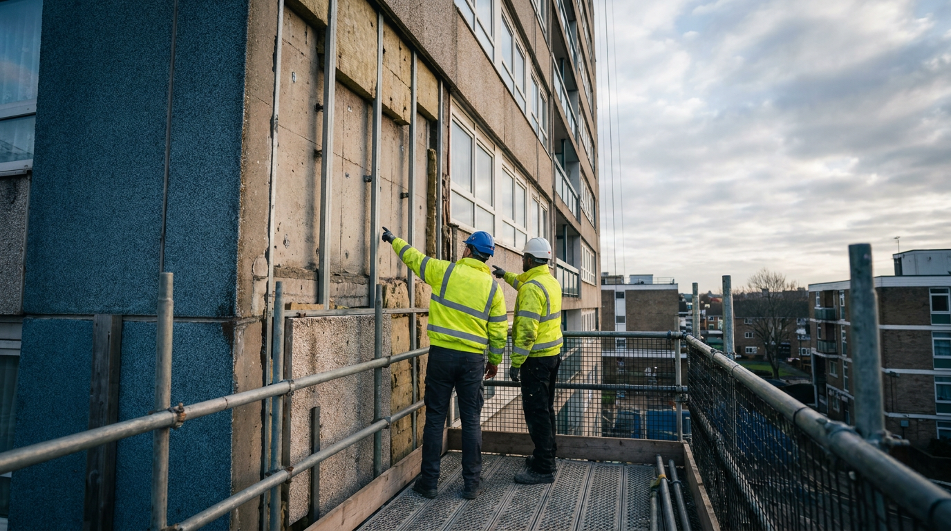 Social housing facade remediation with workers inspecting an external wall from scaffolding — Regulator of Social Housing