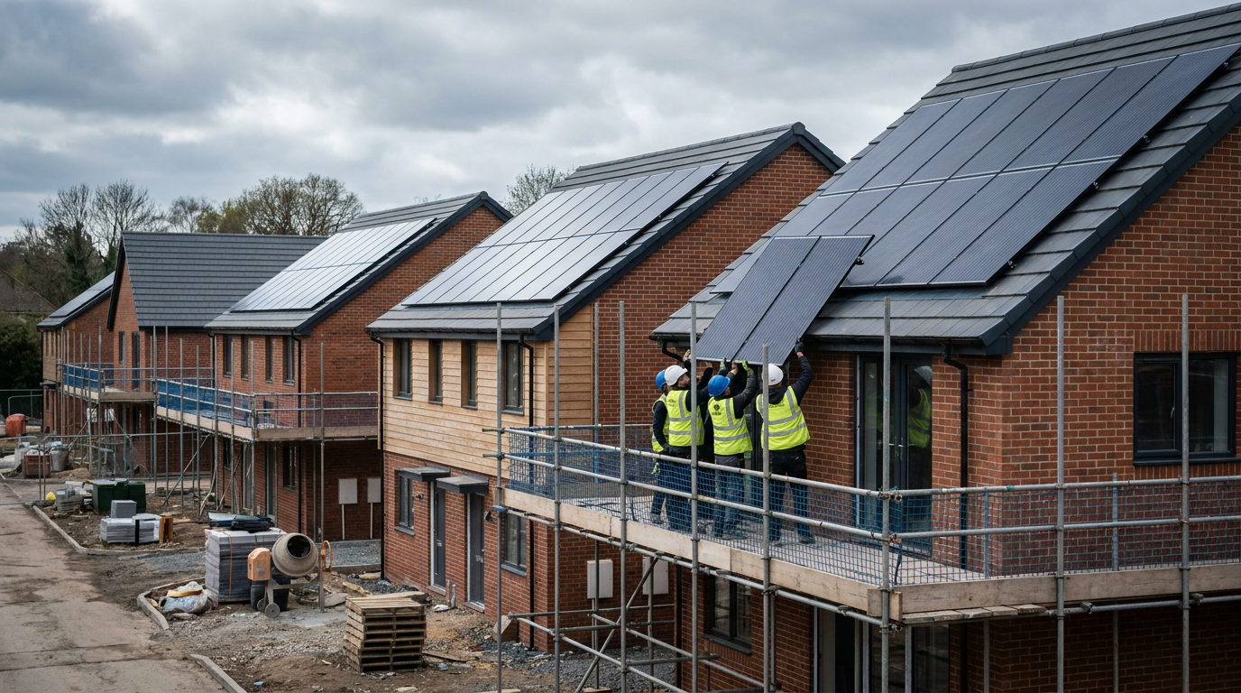 Rooftop solar panels being fitted to new-build houses on a scaffolded construction site. — Solar Energy UK