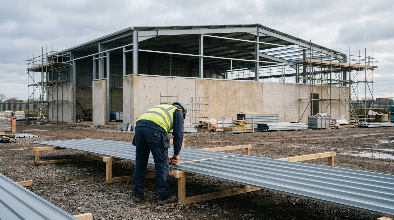 Steel roofing sheets being measured beside an industrial unit under construction. — Roof specification