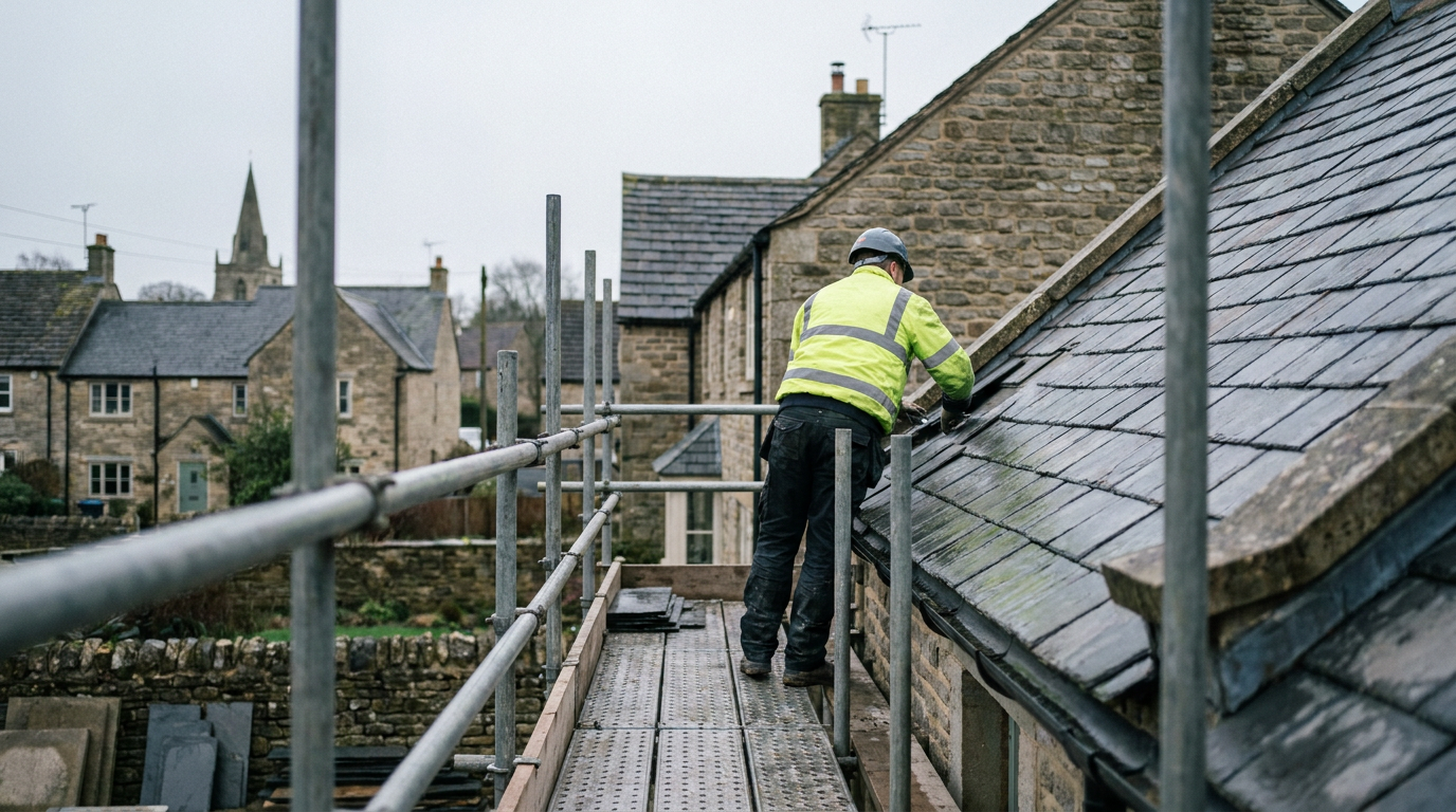 Roofing work from scaffolding beside a pitched roof in a UK village — Stonehaven Roofing Services