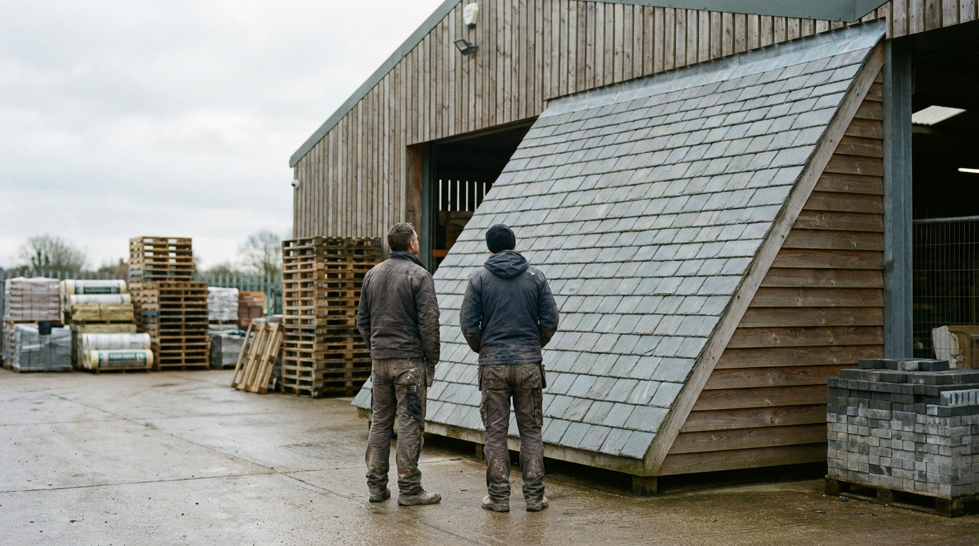 Natural slate roof on a barn-style roofing trade counter at a materials yard. — Stoneleaf Building Materials