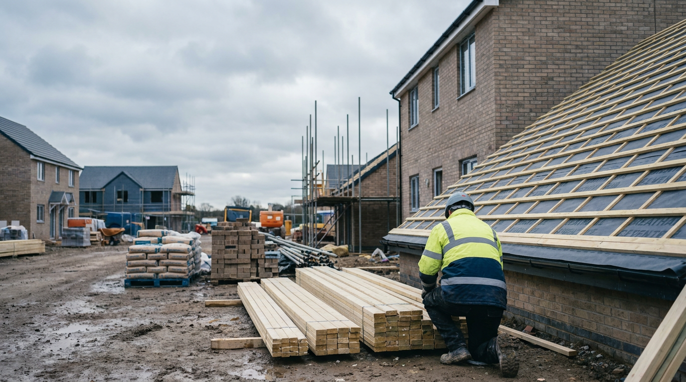 Timber roofing battens beside a partly battened pitched roof on a housing site — SR Timber