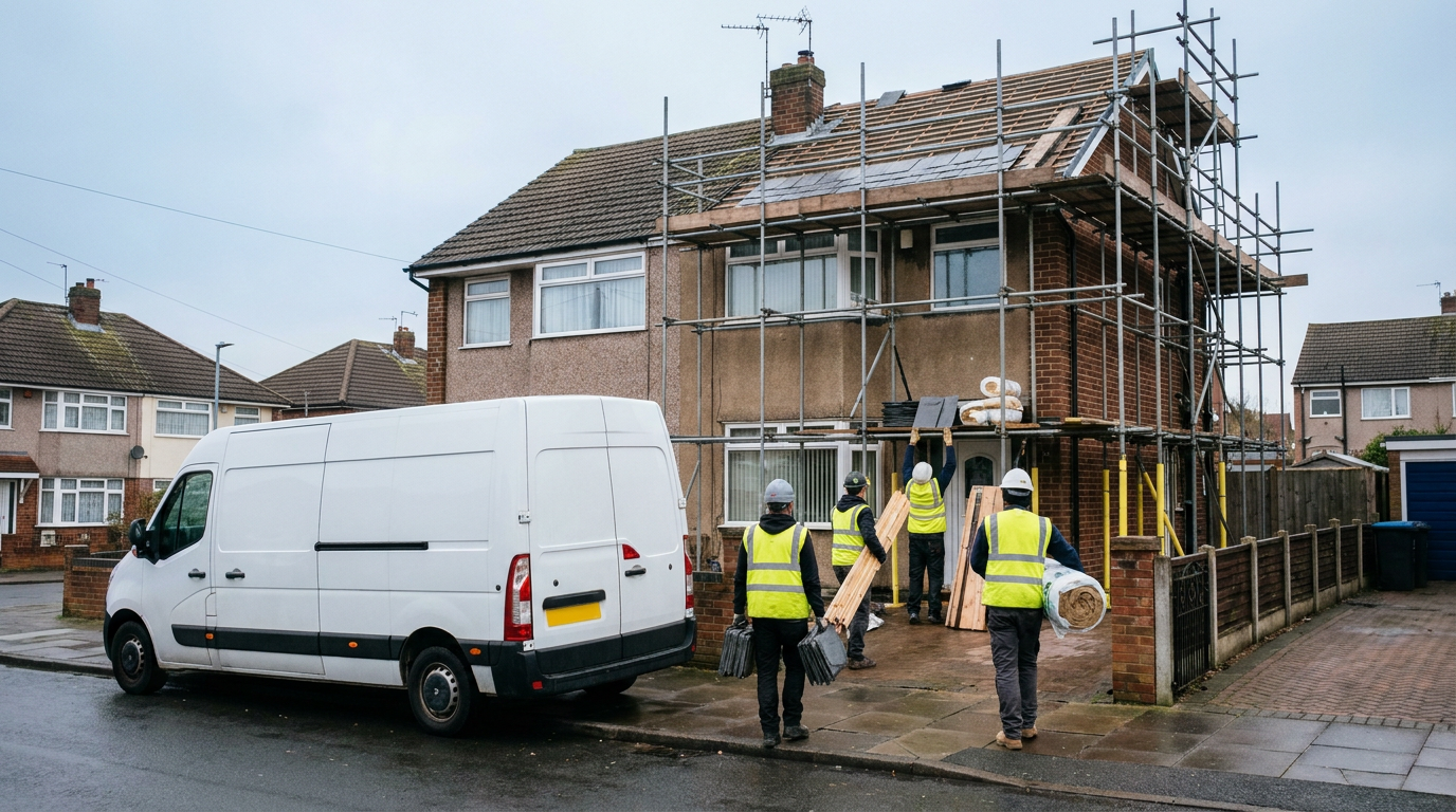 Roofing materials delivered beside a scaffolded house undergoing roof work on a residential street. — TradeKart