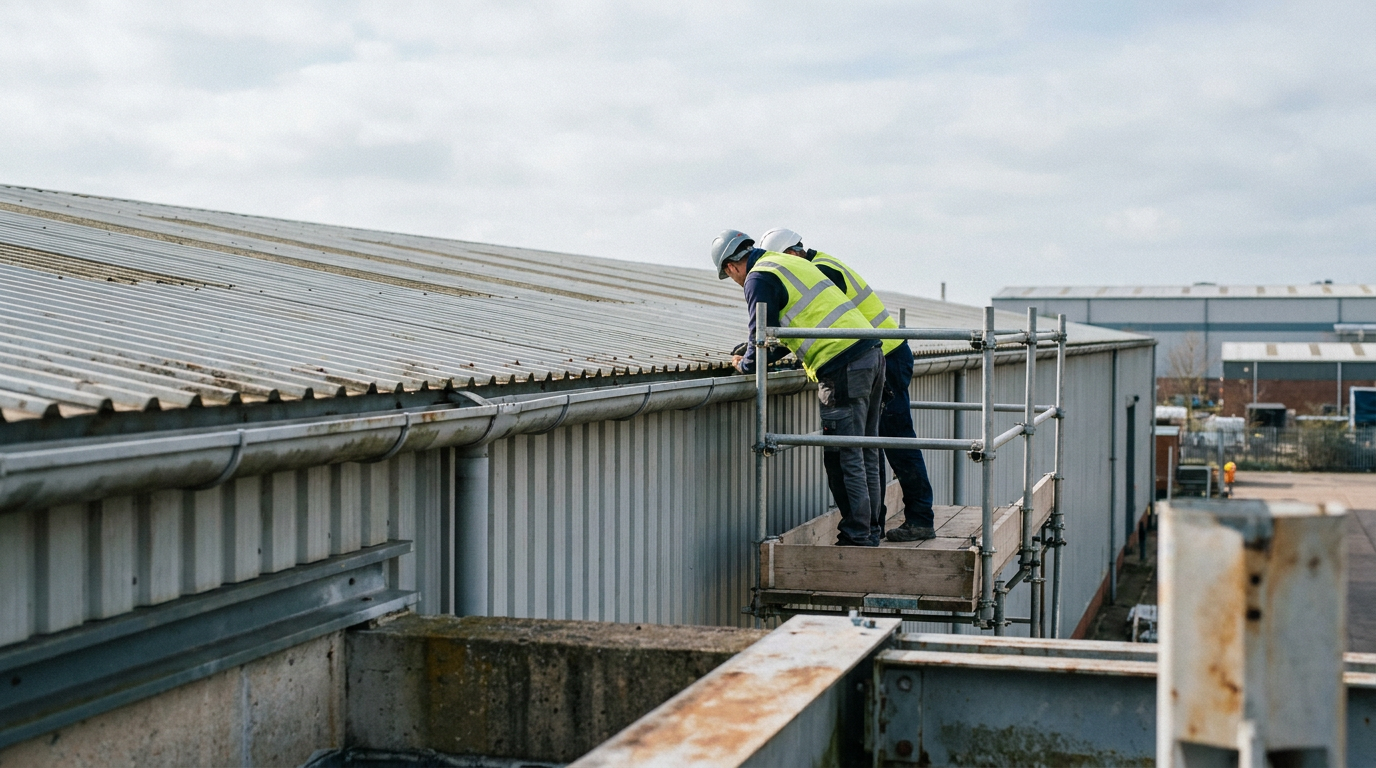 Industrial roof maintenance inspection beside metal roof sheeting and gutters at a warehouse — TrueNorth Capital Group