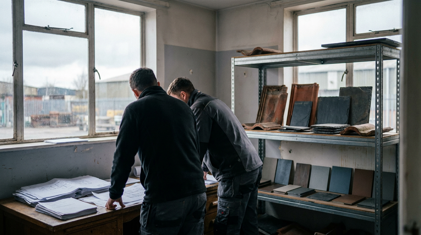Roofing contractor staff reviewing paperwork in an office with building material samples — TrustMark
