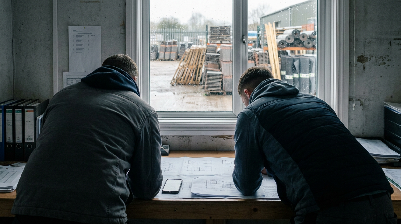 Roofing contractor office with paperwork and a mobile phone being reviewed at a desk — M&J Group Construction & Roofing