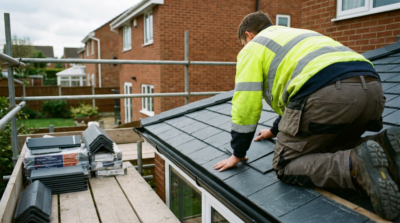Polymer roofing slates being fitted to a pitched conservatory roof at a house — Ulti-Mate