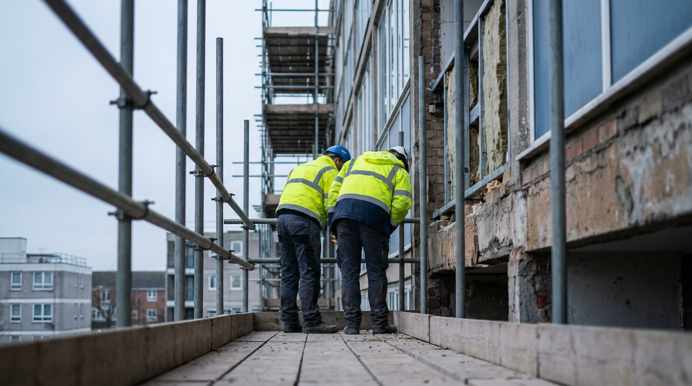 Building remediation work on a scaffolded mid-rise residential block in the UK. — Vistry