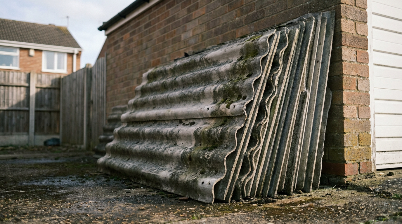 Second-hand corrugated cement roofing sheets stacked beside a domestic garage awaiting collection. — Asbestos cement