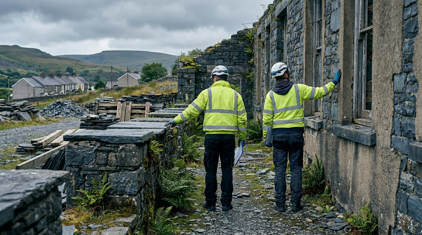 Slate copings and sills on historic quarry hospital remains during conservation work. — Welsh Slate