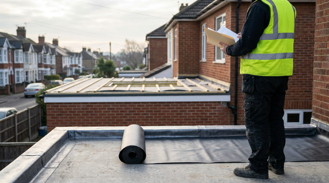 Flat roof waterproofing on a residential extension beside a contractor checking project documents — British Standards